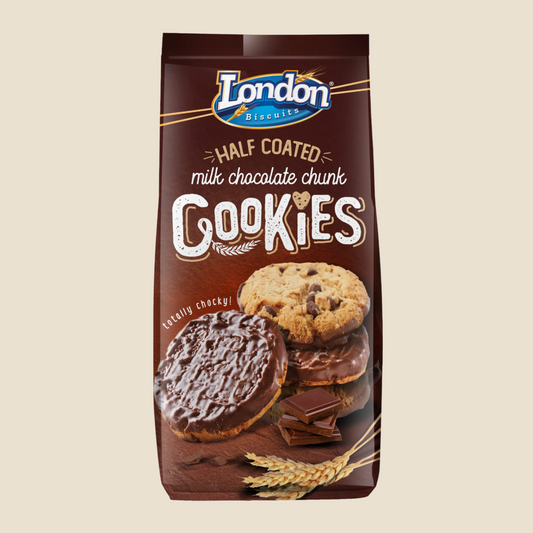 London Biscuits Half Coated Milk Chocolate Chunk Cookies 160g (BB: 28/04/25)